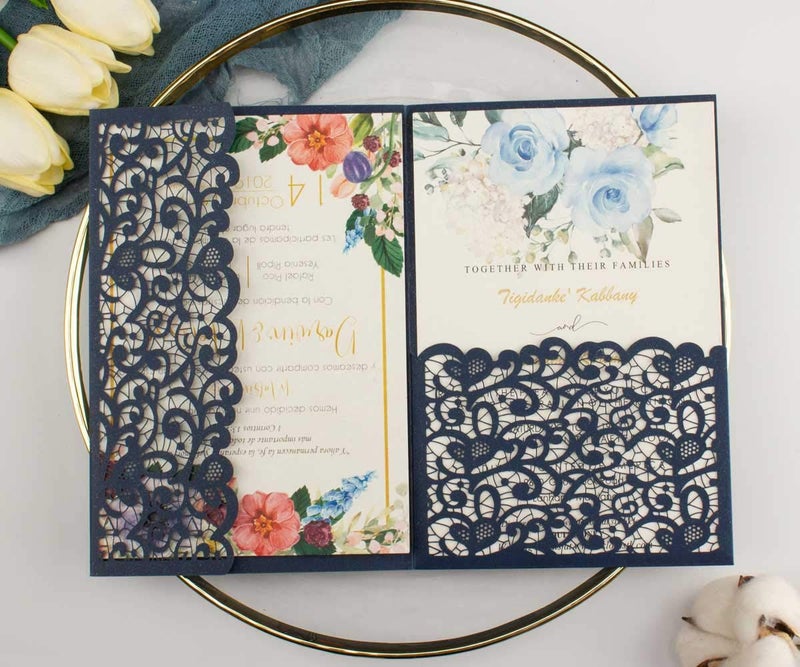 Lucky Star 25 sets 5X7 Dark Navy Blue Tri Fold Wedding Invitations Cards With Envelopes Inserts for Bridal Shower Birthday - Image 2